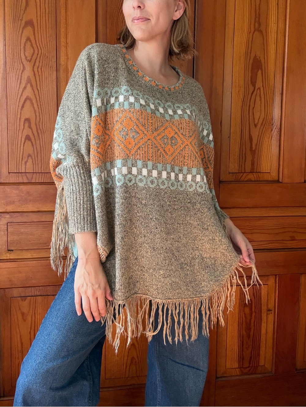 ADORA Gray Knit Fringe Poncho with Orange and Light Blue Pattern